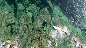 An aerial view of the ocean and rocks video