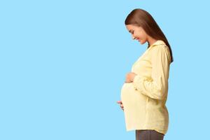 Pregnancy Concept. Young Pregnant Woman Touching Belly Dreaming About Baby Standing On White Studio Background. Side View, Empty Space photo