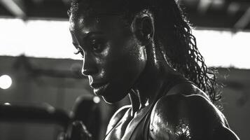A close-up image of a womans face and shoulder as she works out in a gym. Her expression is intense, and she is visibly sweating, highlighting her dedication to her fitness goals. photo