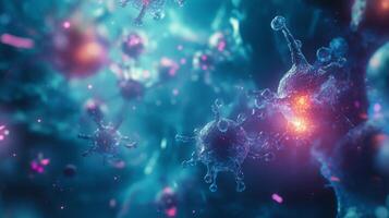 This visual displays vibrant microscopic cells in an abstract biological landscape, offering a captivating exploration of cellular life and interactions in a dynamic environment. photo