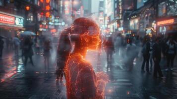 A woman stands in the middle of a busy city center at night, illuminated by holographic advertising. photo