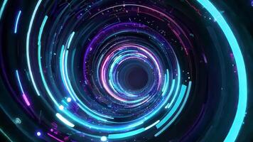 Abstract visualization of vibrant neon lights spiraling in a circular motion, creating a dynamic and futuristic atmosphere. video