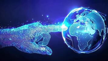 A digital hand reaching out to connect with a glowing globe, symbolizing technology and innovation in a globalized world. video