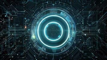 Futuristic digital interface featuring a glowing blue orb and intricate circuitry, representing advanced technology and innovation. video