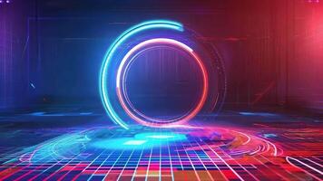 A vibrant futuristic background featuring glowing circles and grids in blue and red tones, perfect for technology and sci-fi themes. video