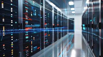 Futuristic data center corridor showcasing servers with glowing lights and sleek design, symbolizing advanced technology and connectivity. video