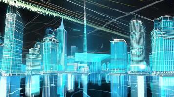 futurista cidade Horizonte com néon azul luzes e avançado arquitetura, exibindo urbano desenvolvimento e tecnologia. video