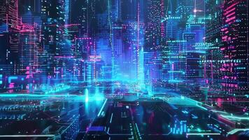 Futuristic cityscape with vibrant neon lights and digital technology, creating an immersive cyberpunk atmosphere. video