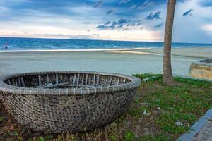 Round boat on the beach next to a tree photo
