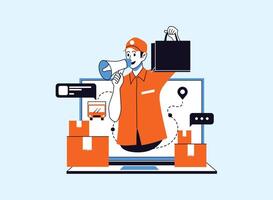 A delivery driver is excitedly promoting online shopping, represented by the megaphone and shopping elements around him vector