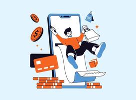 A young man is excited about online shopping, represented by his joyful expression and the various shopping elements surrounding him. vector