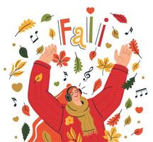 Happy girl in a sweater with headphones listens to music autumn background fall scene leaves are flying. Leaf fall. Autumn season. illustration in flat style. vector