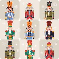 Seamless Christmas Pattern with Nutcrackers portrait on a square checkered background New year illustration. vector