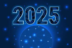 banner of New Year 2025. digital web banner template in futuristic glowing polygonal style on dark blue background. Futuristic hi-tech Circuit Number Digital Concept. vector