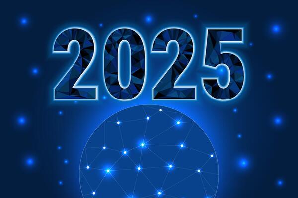 banner of New Year 2025. digital web banner template in futuristic glowing polygonal style on dark blue background. Futuristic hi-tech Circuit Number Digital Concept.