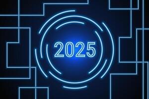 Happy New Year 2025 and merry Christmas. Technology, Microprocessor Interface. Futuristic hi-tech Circuit Number Digital Concept. blue background. vector