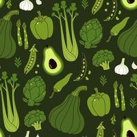Seamless pattern with different types of green vegetables on a green background. graphics. vector