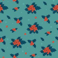 Seamless pattern with winter berries and holly leaves on a turquoise background. graphics. vector