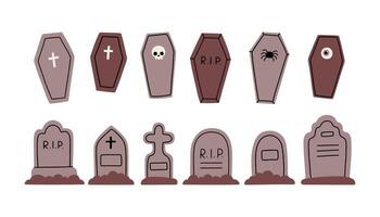 Grave and coffin simple set. Tombstone flat style , grave symbol isolated on white background. vector