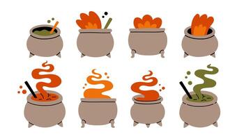 Halloween cauldron set. Flat cartoon icons. Cute illustration of cauldrons different shapes and sizes vector