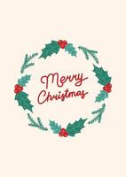 Merry Christmas Card in Round Floral Frame. Greeting card on light beige background. Christmas and New Year. illustration. vector