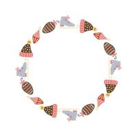 Round frame with hat and skates. Winter frame with empty space for text. Isolated illustration. vector