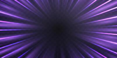 Radial speed rays, light neon flow, zoom in motion effect, purple glow speed lines, colorful light trails, perspective stripes. vector