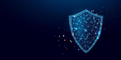Guard shield. Cyber security concept with glowing low poly shield on dark blue background. Wireframe low poly design. vector