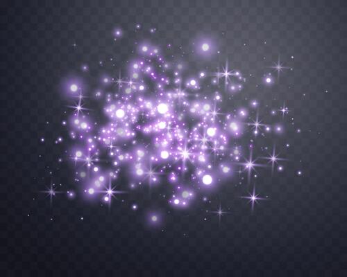 Purple luminous points and stardust. Purple glittering dots, particles, stars magic sparks. Glow flare light effect.