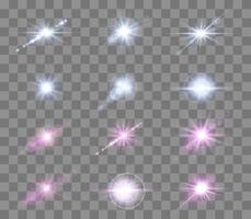 Pink and blue lens flares set. Sun flash with rays or spotlight and bokeh. Glow flare light effect. vector