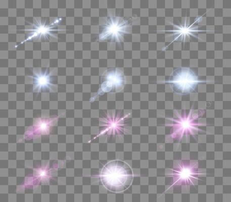 Pink and blue lens flares set. Sun flash with rays or spotlight and bokeh. Glow flare light effect.