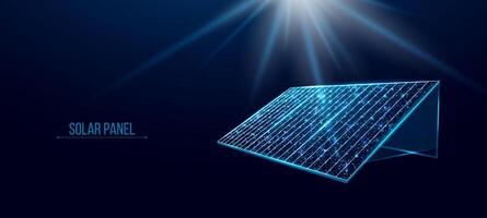 Solar battery, solar panel. Renewable alternative energy concept with glowing low poly panel on dark blue background. Wireframe low poly design. vector