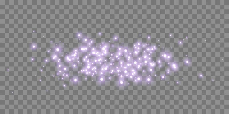 Purple magic sparks and dust stars. Purple glow flare light effect. Christmas light effect.