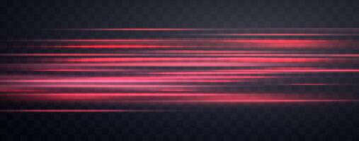 Speed rays, velocity light neon flow, zoom in motion effect, red glow speed lines, colorful light trails, stripes. vector