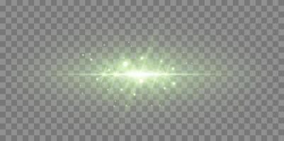 Green horizontal lensflare. Light flash with rays or green spotlight. Glow flare light effect. vector