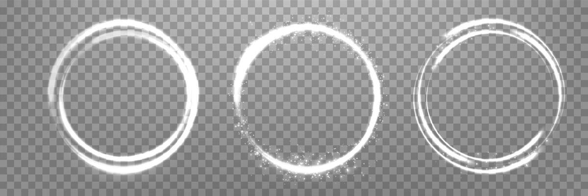 Silver magic rings set, with glowing particles. Neon realistic energy flare halo ring. Abstract light effect