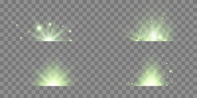 Green lens flares set. Sun flash with rays spotlight and bokeh. Green glow flare light effect. vector