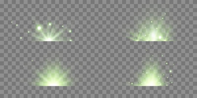 Green lens flares set. Sun flash with rays spotlight and bokeh. Green glow flare light effect.