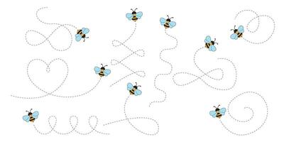 Charming Bees Buzzing Across the Canvas. Playful Dotted Trails Forming Spirals, Loops, and a Heart-Shaped Design vector