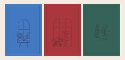 Outline happy new home greeting card set. Housewarming invitations, postcards with line art house plants on the windowsill, cityscape, and red, green, and blue backgrounds. Linear illustration. vector