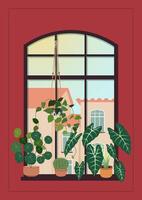 New home colorful greeting card, print, poster, housewarming invitation. New place to live in a postcard with potted plants on the window sill, cityscape, and red background. Flat illustration. vector