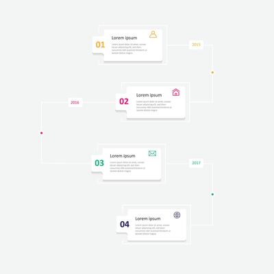 Vertical timeline infographics template with six arrows with place dates and text, illustration