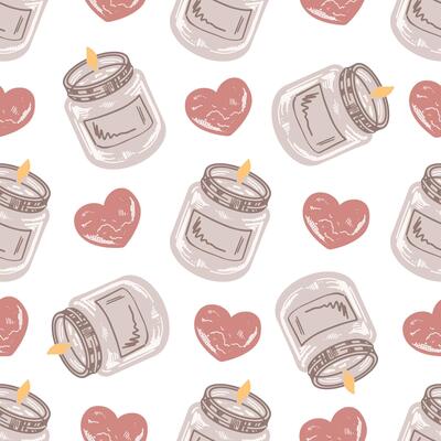 Seamless pattern of flat style wax candle in a glass jar-candlestick and heart shaped bathroom bomb. Beauty cosmetic element, self care. Sketch style.