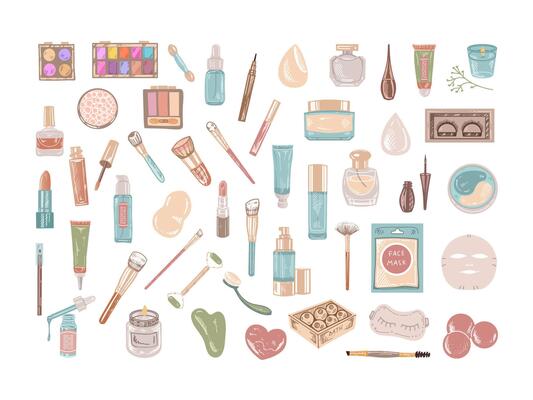 A set of flat style sketches of cosmetics, beauty, self-care, spa elements. Illustration for beauty salon, cosmetic store, makeup design. Engraved image.