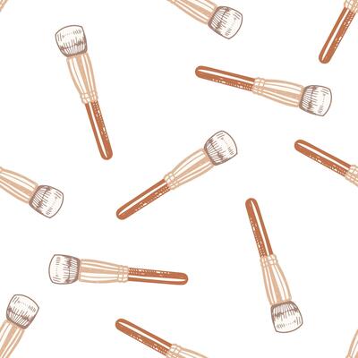 Flat style cosmetic brush, beauty cosmetic element, self care seamless pattern. Illustration for beauty salon, cosmetic store, makeup design. Doodle sketch style.