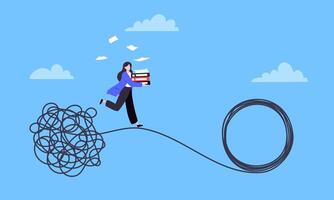 Understanding problem solution simplify challenge. Businesswoman runs toward wire knot. vector