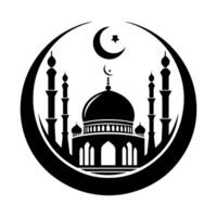 Circular Frame Mosque Silhouette Featuring Crescent Moon and Star for Elegant Branding vector