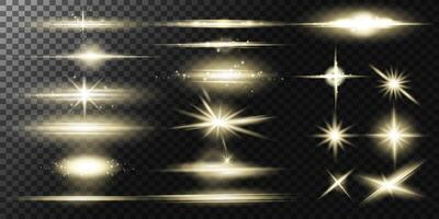 Set of glowing warm light effects, stripes, lines, sparkle, lens flares, light explosion, solar flare, stars on transparent background. Realistic Warm light effects vector