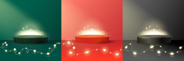 Stage podium set for product display with glowing bulbs for Christmas holiday, design Mockup 3D style.Luxurious Product platform stage green red and black colors.Advertising backdrop. background vector