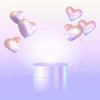 Abstract 3D room with realistic hologram color cylinder podium with heart shapes and balloons. 3d Modern futuristic Round stage showcase. Minimal scene for mockup product display. illustration vector